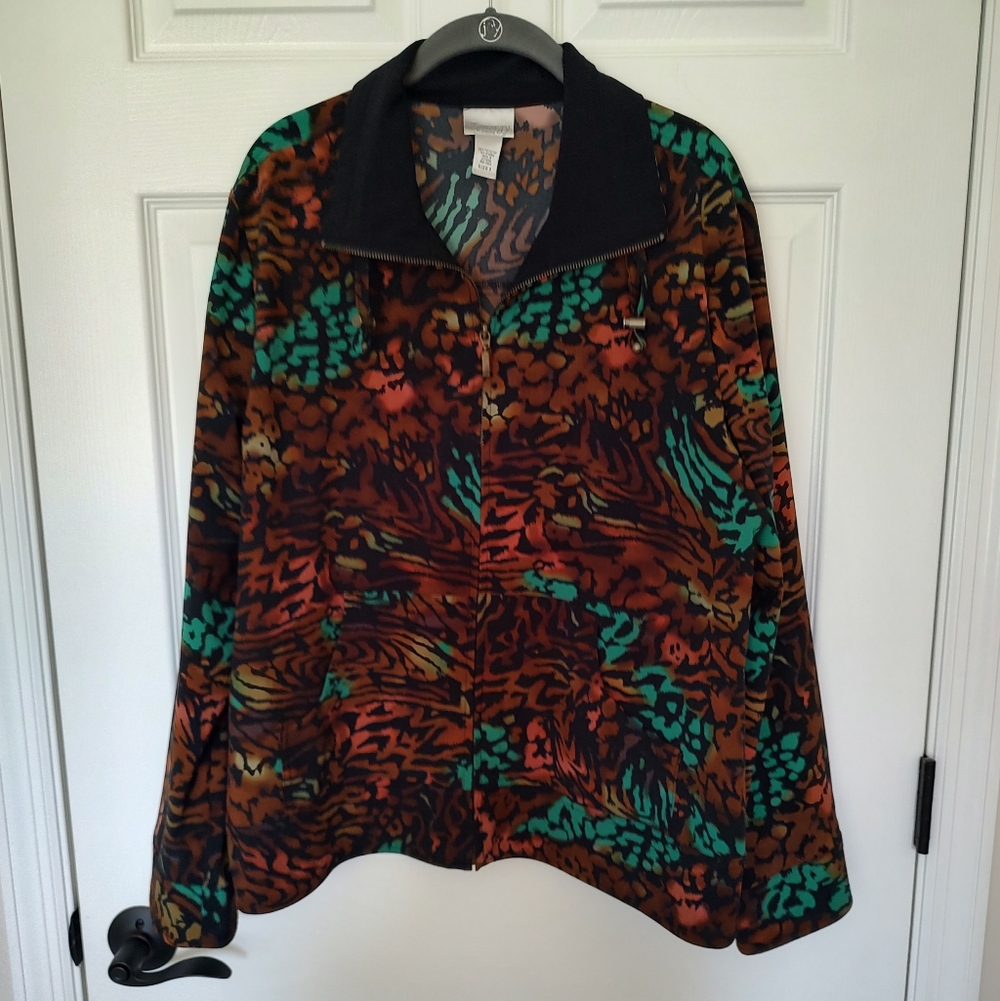 Chico's Zenergy Nema Jacket Brown Orange Turquoise Swirl Zip Up XL